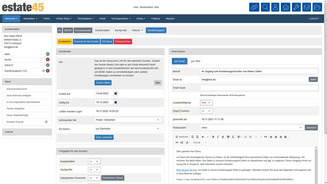 Kundensupport Screenshot